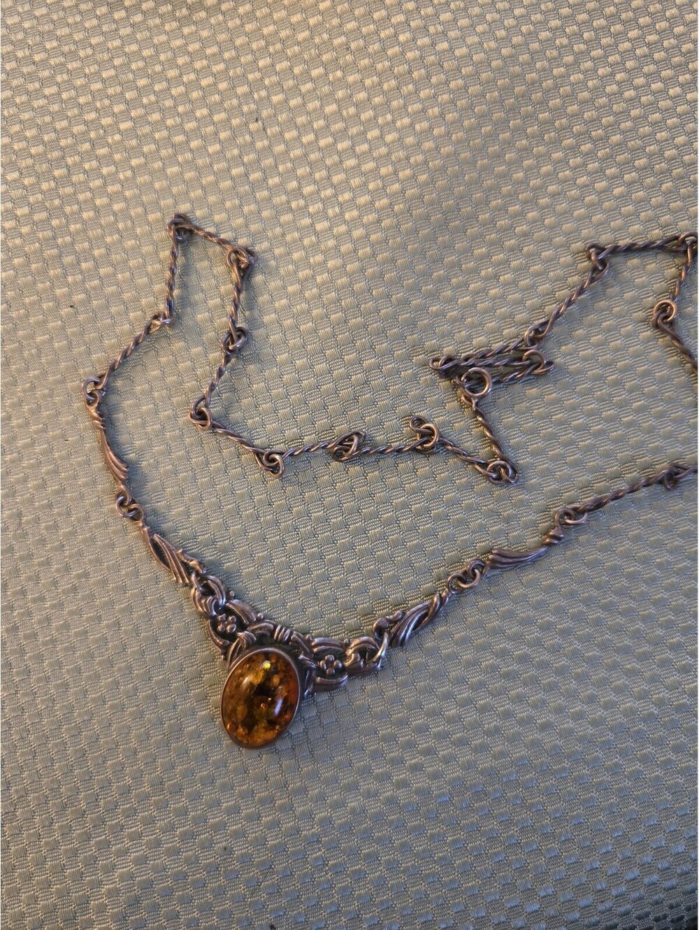 Vintage Sterling Silver Amber Cabochon Necklace - Picture 4 of 4